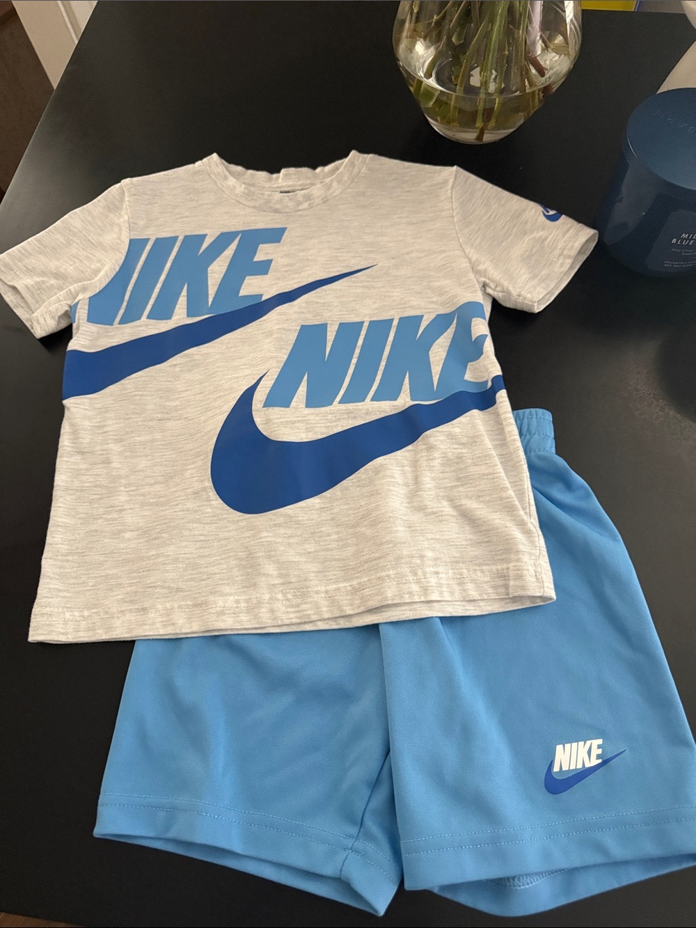 Nike Grey Tee with Bright Blue Logo and Light Blue Shorts Set